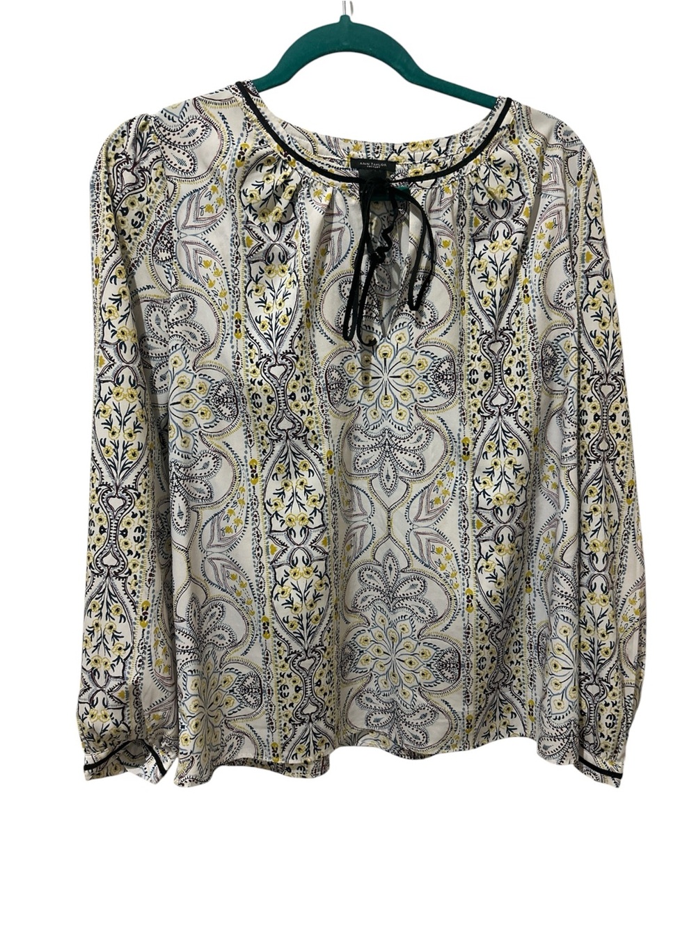 Ann Taylor Cream Floral-Paisley Long Sleeve Peasant Blouse with Black Tie